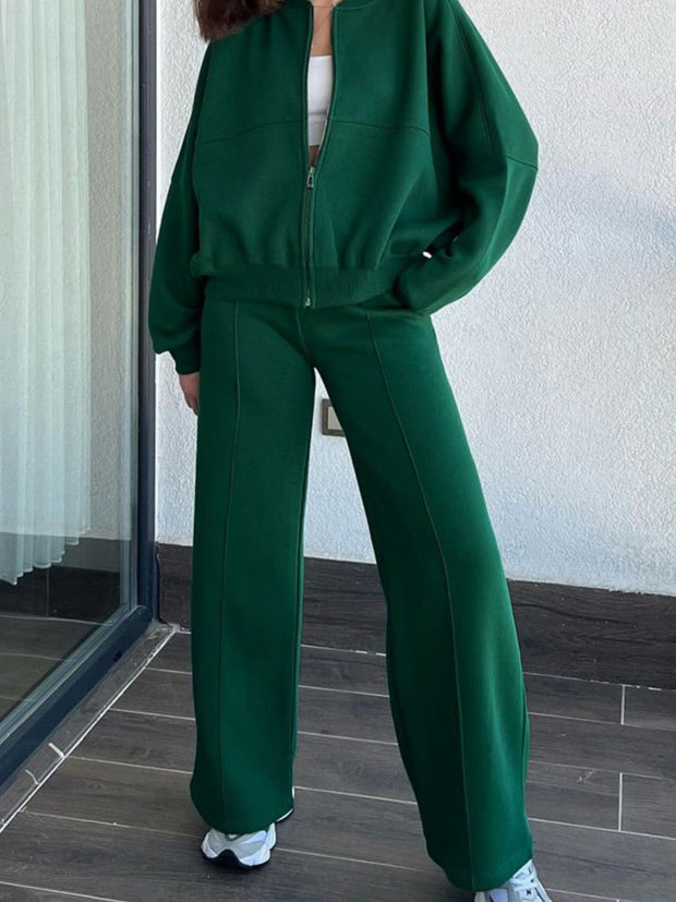 Baseball Collar Zip Up Top and Drawstring Pants Set