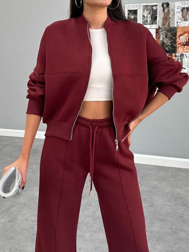 Baseball Collar Zip Up Top and Drawstring Pants Set