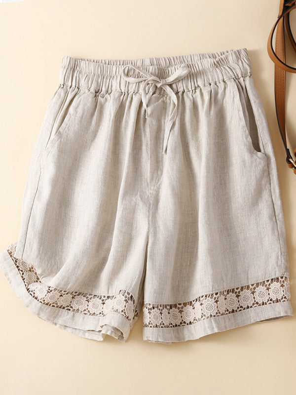 Women's woven cotton linen hollow lace loose shorts