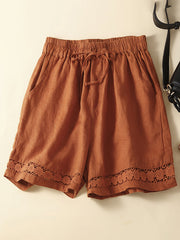 Women's woven cotton linen hollow lace loose shorts