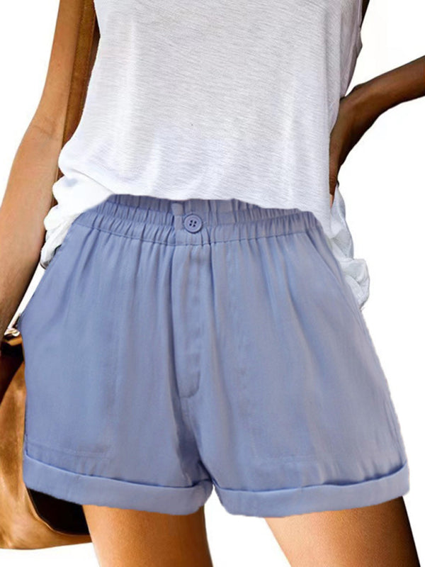 Women's Elastic Solid Color Buckle Zipper Pocket Casual Shorts