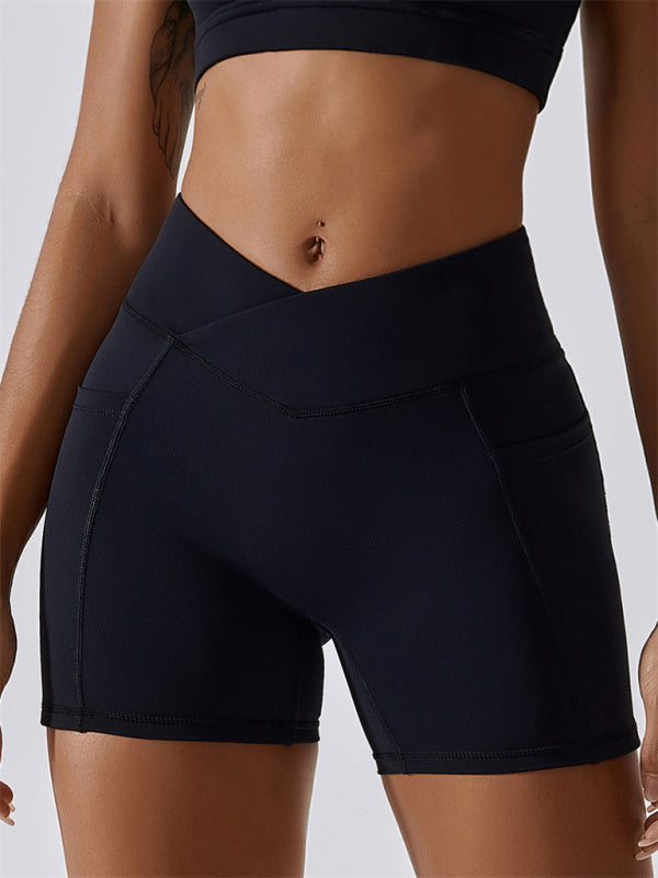 Women's Naked Hip Pocket Crossover Waist Leggings Sports Shorts