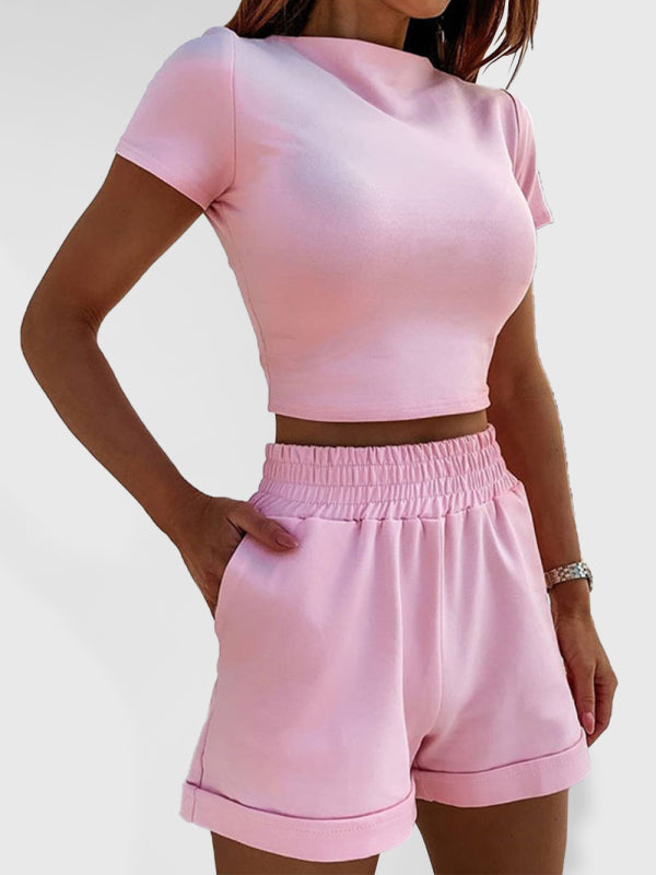 Women's Solid Color t-shirt & Elastic Waist Shorts set